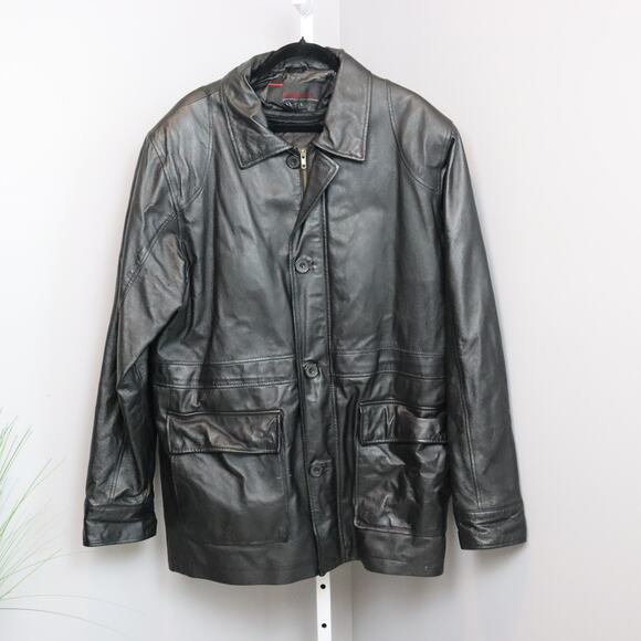 Phase Two Black Leather Jacket Men’s Size L Button Front Pockets - Picture 1 of 8
